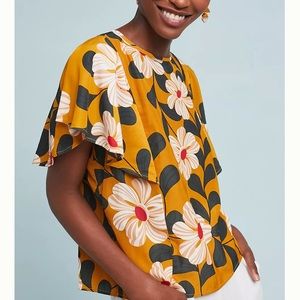 Anthropologie Floral Blouse in Mustard and Black